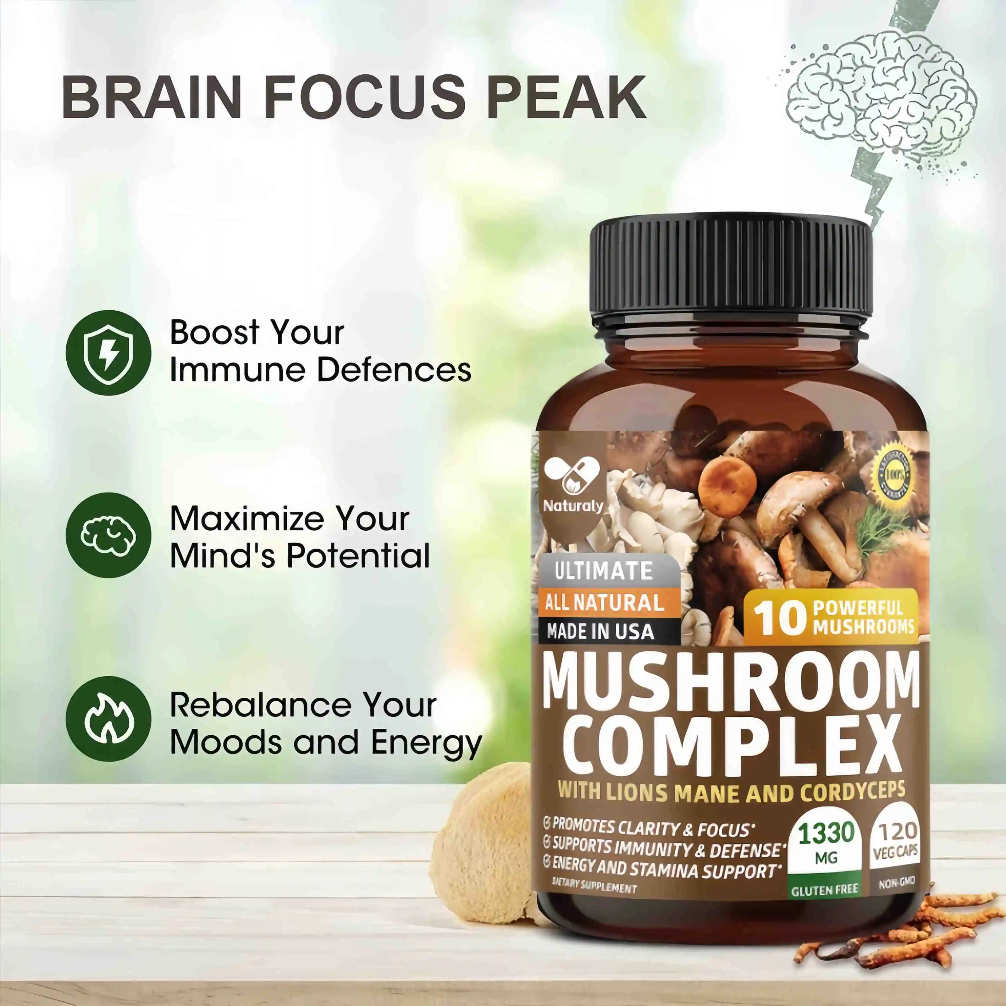 Original Mushroom Complex Capsules with Lions Mane Chaga Cognitive Brain Function Stress Relieves Beauty Health Diet Supplement