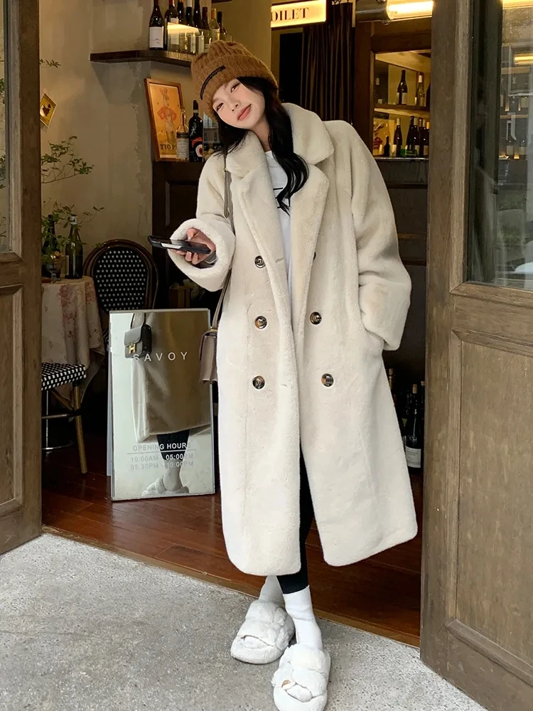 Winter Long Mink Faux Fur Jackets Warm Thicken Korean Coats Elegant Luxury Padding Outerwear Women Double Breasted Furry Manteau