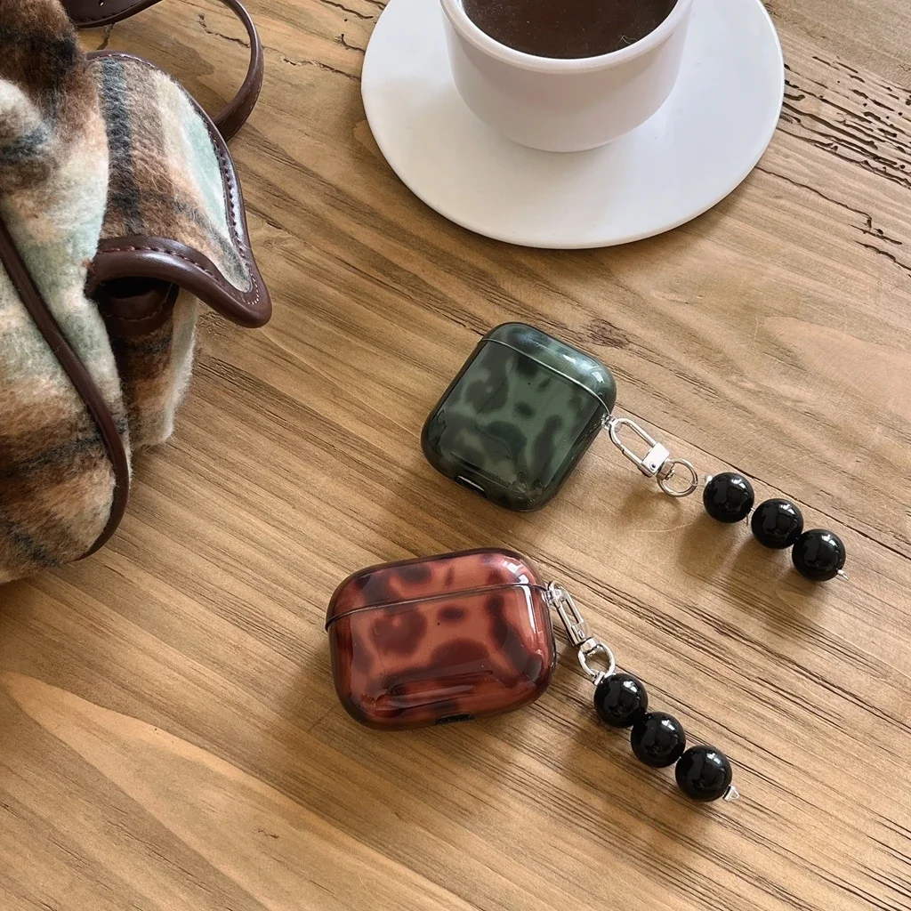 Retro Green Brown Leopard Print Black Bead Pendant Case Cover for AirPods 1 or 2 3 4 AirPods Pro Pro 2