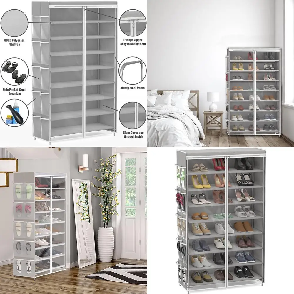 

8-уровневый органайзер для обуви с чехлом на молнии и боковыми карманами, серый