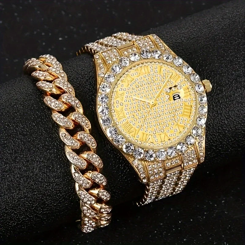 2pcs/set, Rhinestone Studded Calendar Ladies Quartz Watch And 1pc Rhinestone Jewelry Set