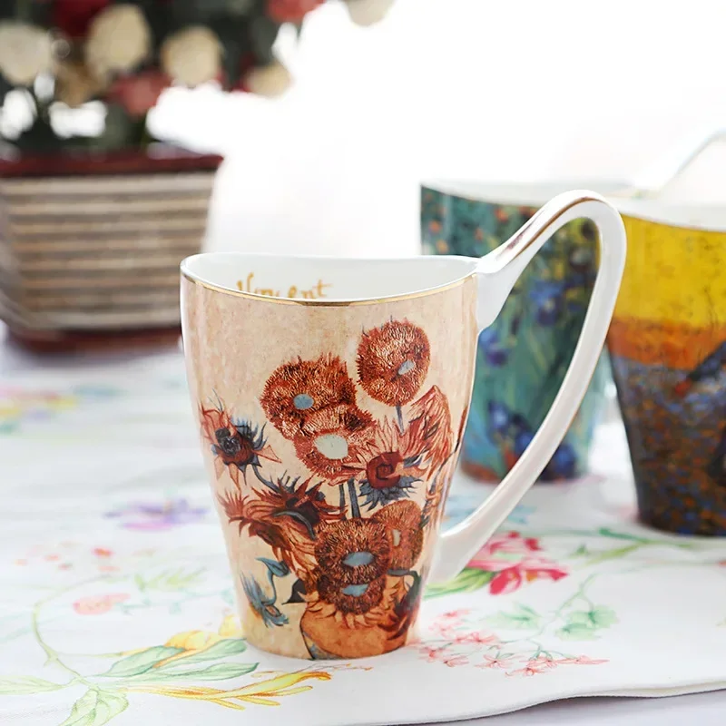 New Style Van Gogh Blue Starry Sunflower Flower Mug Art Paintings Ceramic Bone China Mugs Coffee Cups Tumbler Cup