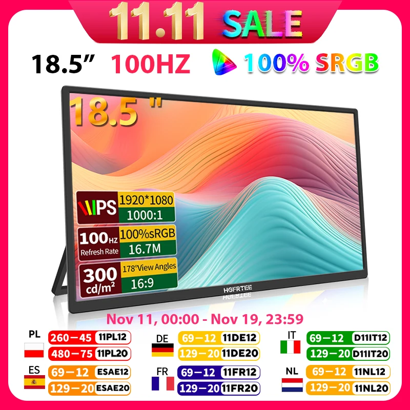 HGFRTEE 18,5-дюймовый портативный монитор 100 Гц с подставкой с отверстием VESA, игровой расширенный дисплей для ПК, ADS-IPS, большой экран, поддержка Type-C HDMI