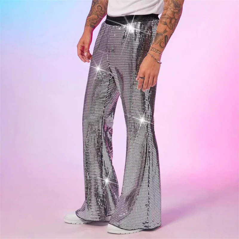 Summer New Men's Luxury Long Strip Glitter Casual Pant Singer Bar KTV Stage Performance Loose Breathable Silver Trousers