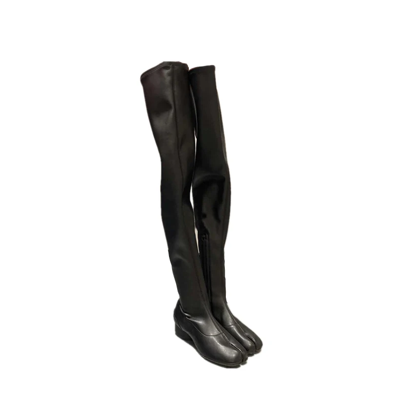 Botines mujer 2025 chunky low heel overknee long boots for woman square toe black leather rain boots luxury tabi bottes