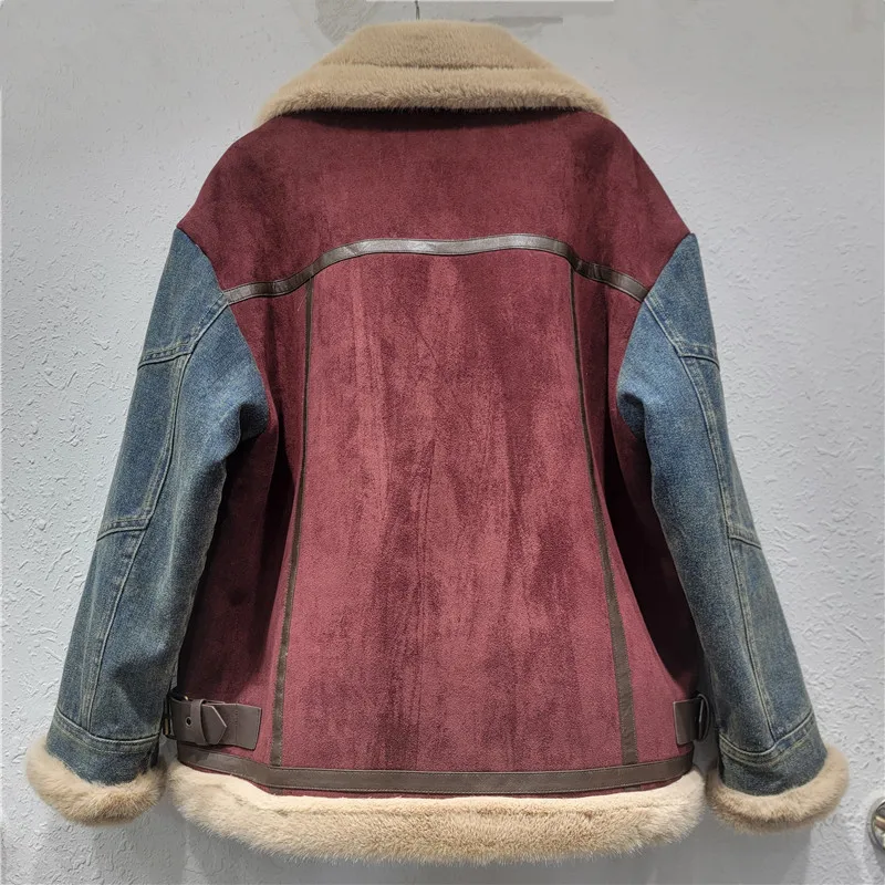 Giacca di jeans patchwork ispessita di design SuperAen per le donne Autunno e inverno 2026 Cappotti con colletto rovesciato incrociato di nuova moda