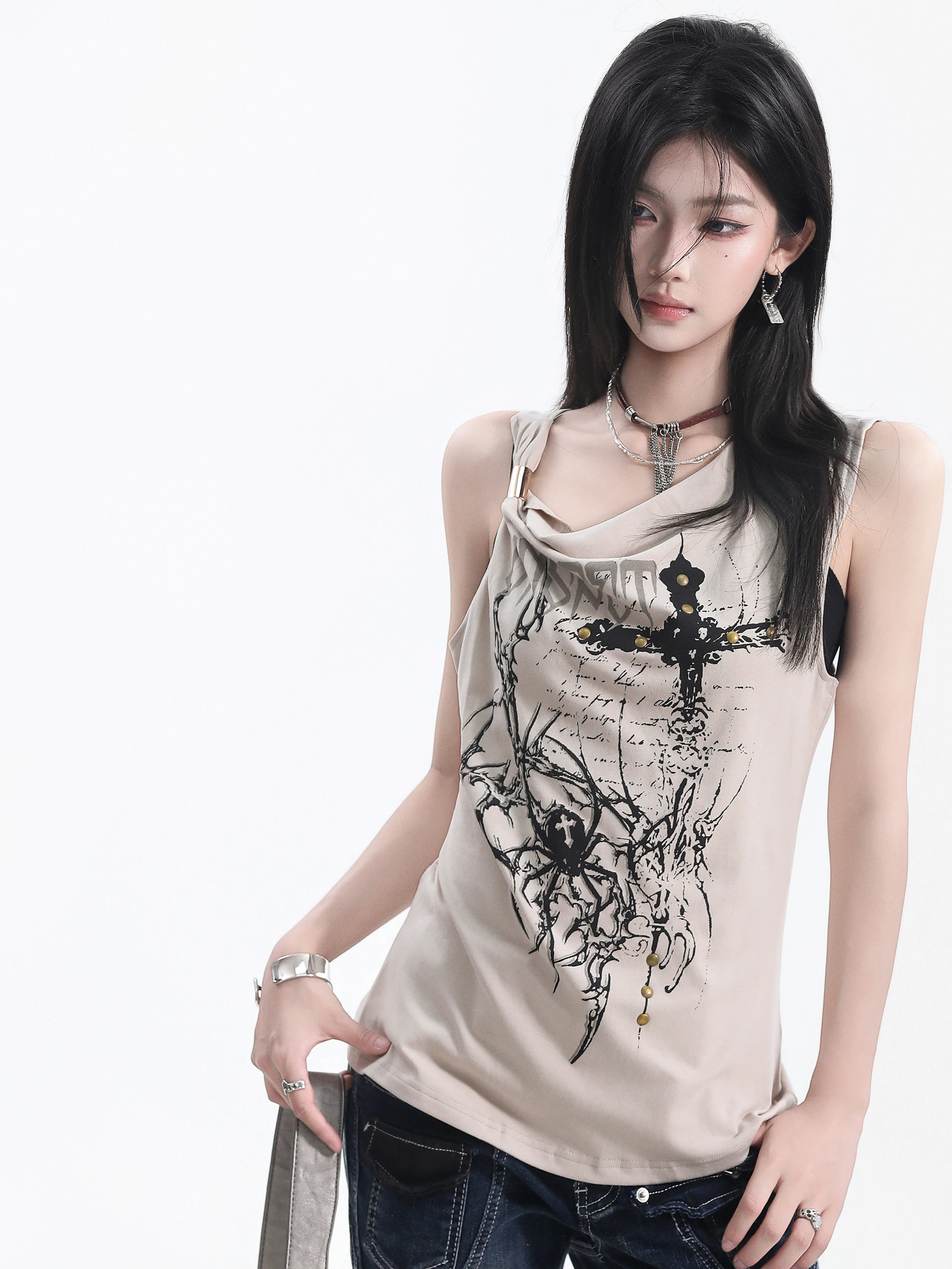 Gothic Style Women's Vest Small Ball Ball American Swing Collar Print Design Rivet Cross Spider Vintage Top Cotton Blend