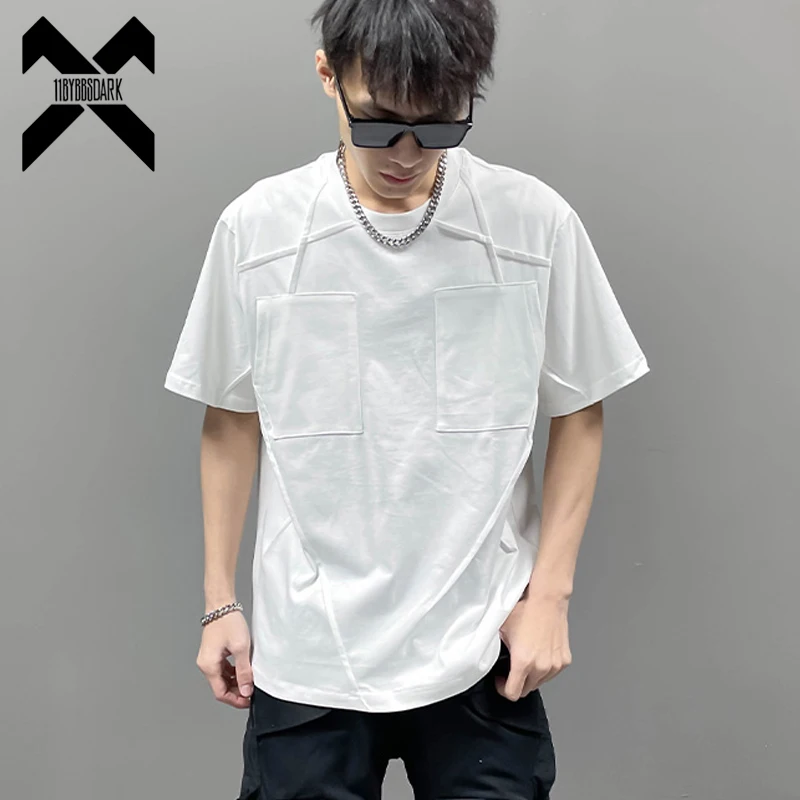 

Black White T-Shirt Mens Techwear Patchwork Design T Shirt 2024 Summer Streetwear Harajuku Short Sleeved T-shirt for Men Tees