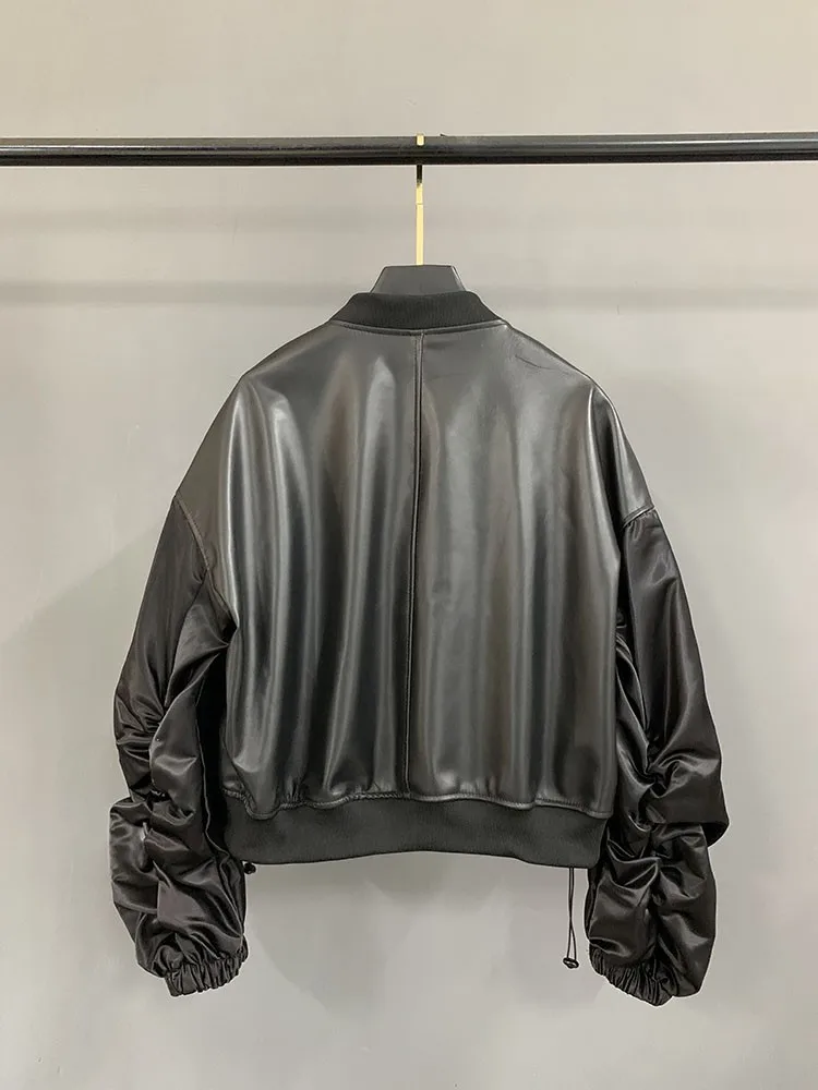 Frauen Lose Zipper Patchwork Farben Getäfelten Weichen Schaffell Stehkragen Jacke Neue Weibliche Casual Echtes Leder Jacke Mäntel