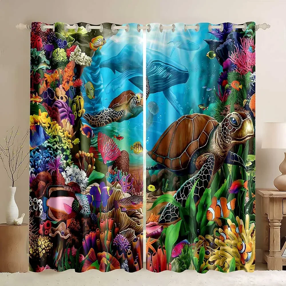 Ocean Animal Blackout Curtain Turtle Tropical Fish Ocean Theme Animal Sea Ocean World Window Curtain for Living Room Bedroom