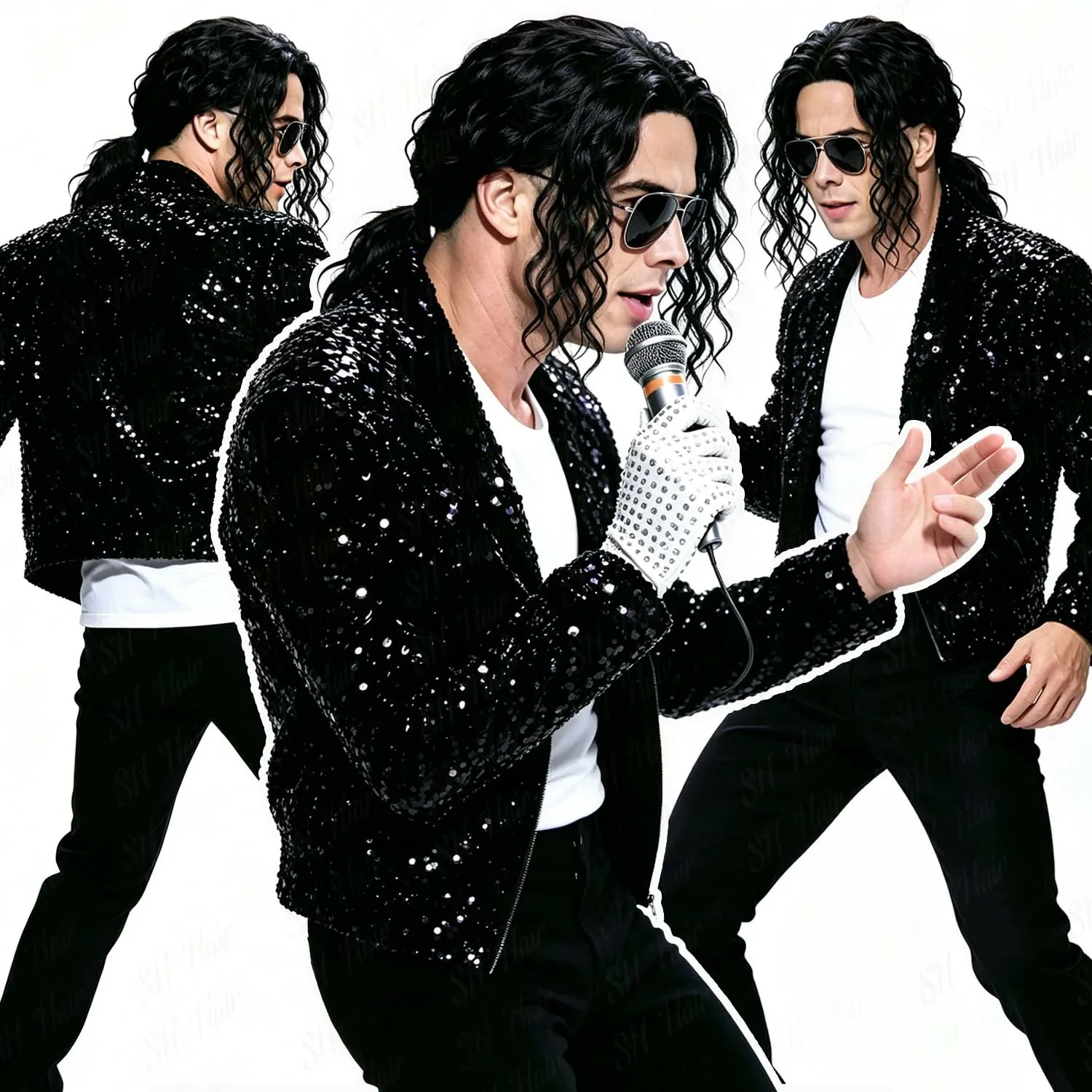 

Synthetic Men Black Mullet Wig+Glasses+Glove Long Curly 70s 80s Rocker Star Punk Wig Party Halloween Michael Jackson Cosplay Wig