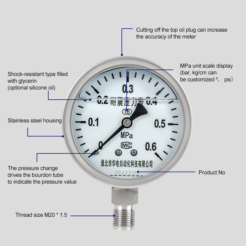 Stainless Steel Pressure Gauge Shock-resistant Radial Water Pressure 1.6Mpa Air Pressure Oil Pressure Hydraulic Vacuum Pressure