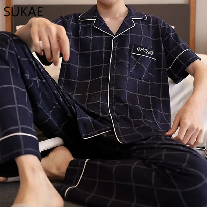 SUKAE Gentleman Sleepwear Summer Autumn New Cotton Turn-down Collar Mens Pajamas Set Leisure Plaid Casual Loungwear Pijamas