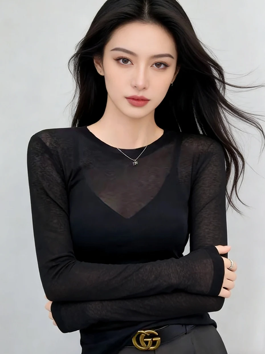 Lace Trim Mesh Base Shirt Women's Long Sleeve Thin Transparent Cover up Top Korean Style Casual Wear Polyester Fiber T-Shirt