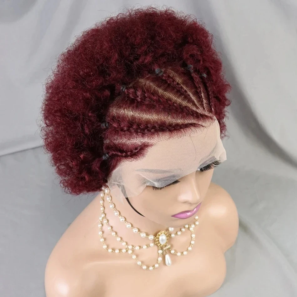 13x4 Lace Frontal Kurze Afro Kinky Curly Bob Geflochtene Haarperücke 8 Zoll Schwarze Echthaarperücke Vorgezupfte Federnde Lockige Perücke für Frauen – Detail 14