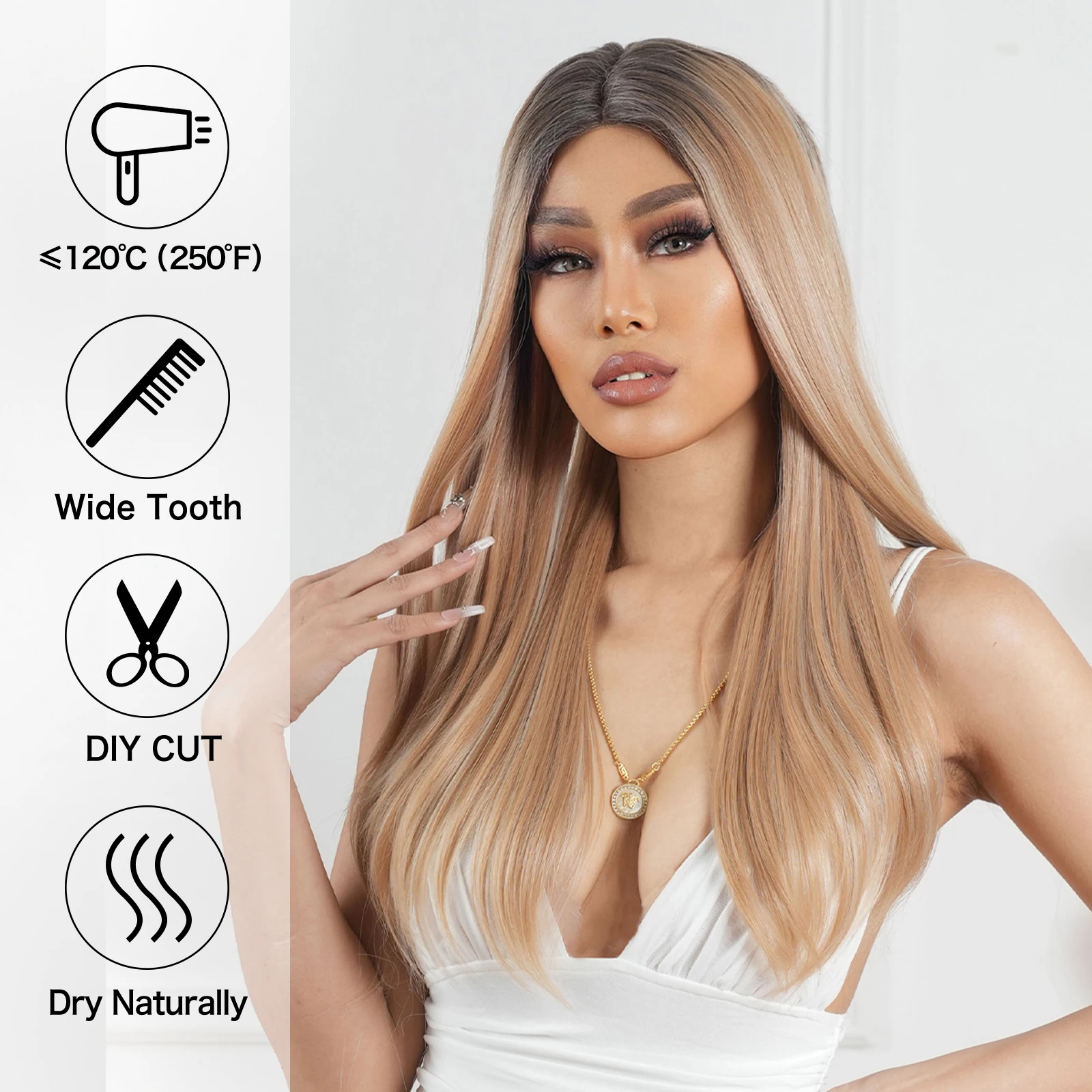 Long Blonde Lace Front Synthetic Wigs Dark Roots Hair Natural Straight Hair Wigs Heat Resistant for Women Daily Party use