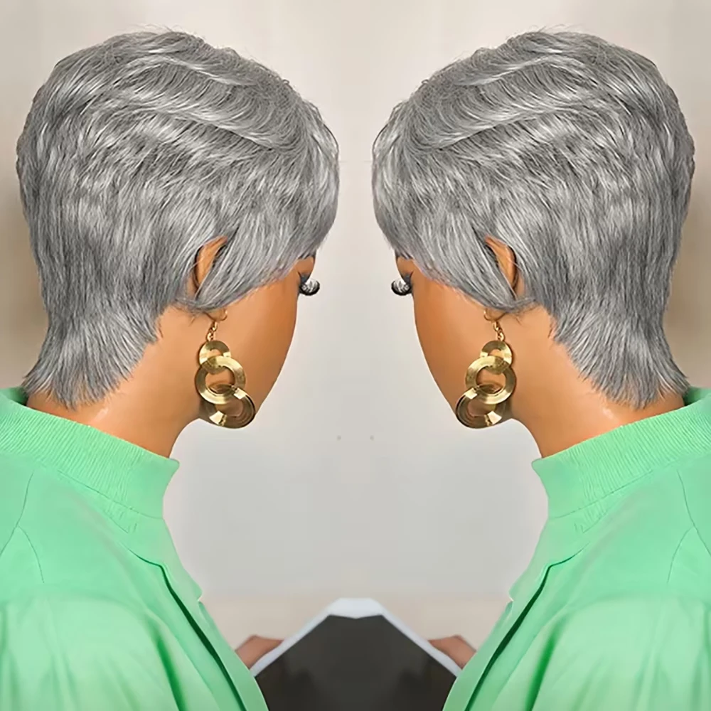 رمادي قصير عابث قطع شعر مستعار شعر طبيعي مفرود الباروكات مع الانفجارات قبل قطعها للنساء الطبقات البرازيلي شعر ريمي آلة صنع قبعة