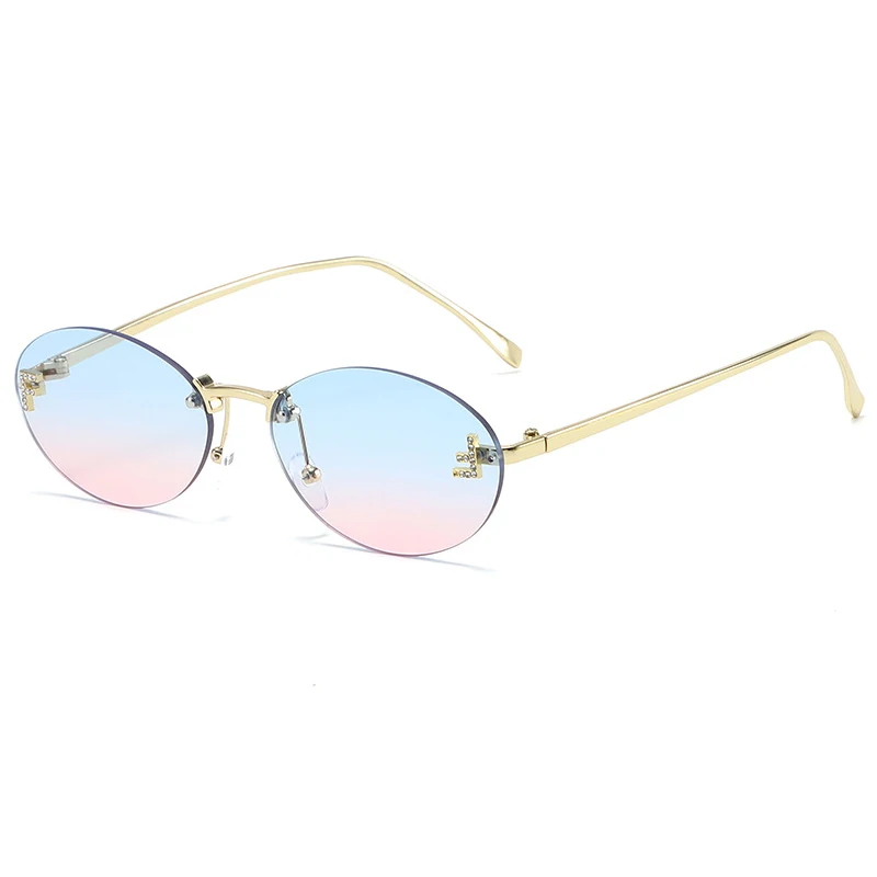 الماس رسالة "F" بدون شفة النظارات الشمسية النساء الفاخرة العلامة التجارية إطار معدني أسود صغير البيضاوي نظارات شمسية Unsiex ظلال أنيقة UV400