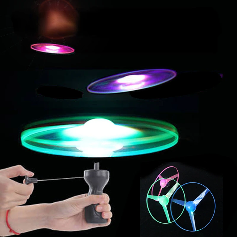 Children Outdoor Fun Rotating Flying Toy Kid Sports Pull Line Saucer Toys LED Light Processing Flash Flying Toy For Parks Beach