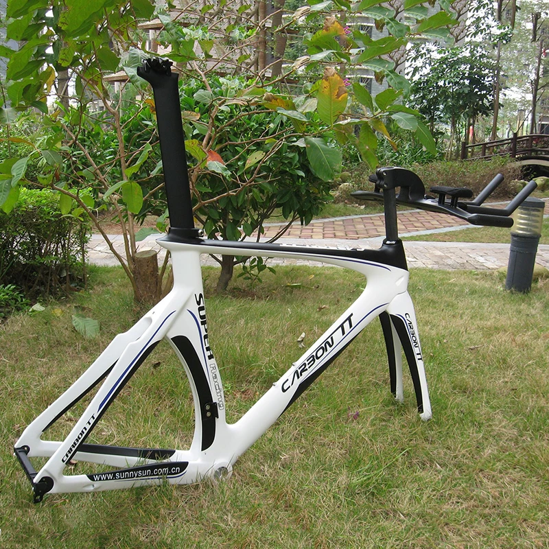 Naturefly White Carbon Triathlon Bike Frame TT Bicycle Frame Time Trial Frameset with Aero TT Bar