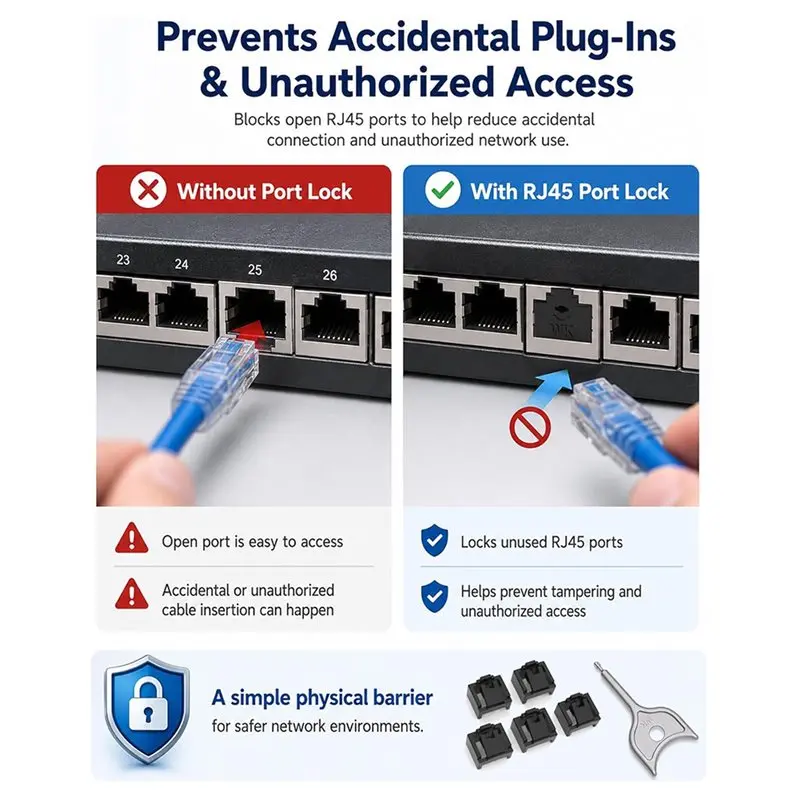 A53M-RJ45 Port Lock 100-Pack Network Port Lock& Dust Cover, 5 Keys, RJ45 Connector Blocker Cap Protector For Computers