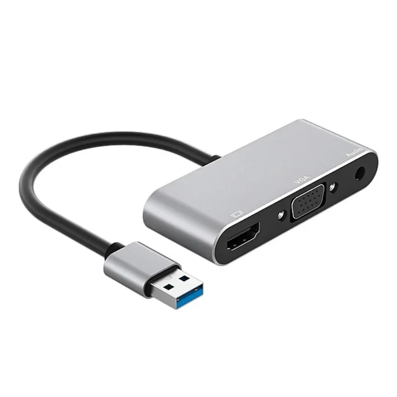 USB 3.0 HUB to VGA HDMI 3.5 Audio Adapter Dock  3 in 1 1080P HD Multi-Display Converter Splitter for Windows 7/8/10/11、 MAC OS