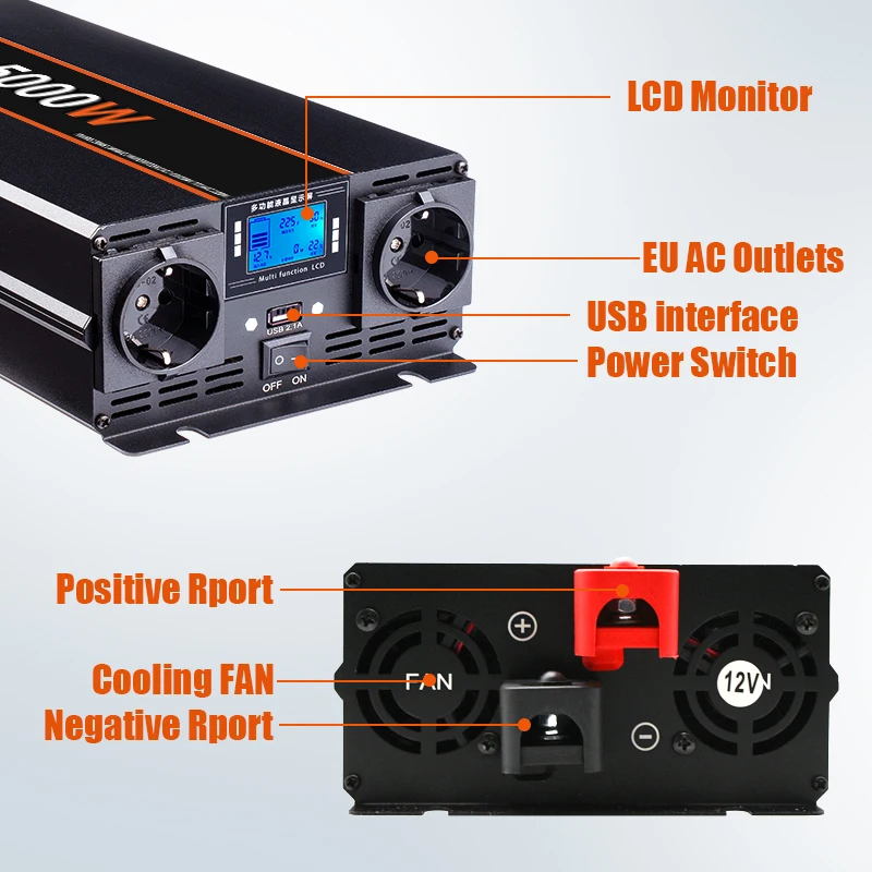 POWLAND 5000W 4000W 3000W Pure Sine Wave Inverter DC 12V 24V to AC 220V Voltage Transfer Converter EU Socket Auto Accessories