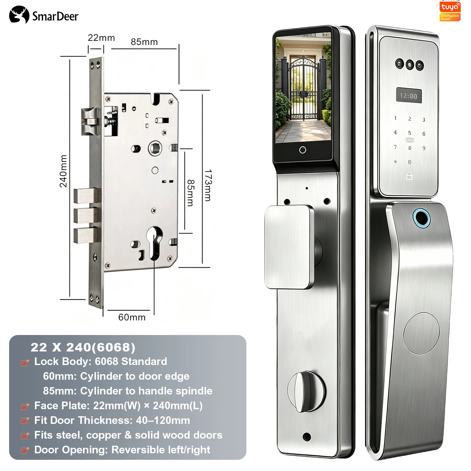 SmarDeer IP66 Outdoor Waterdicht Smart Lock, 3D Gezichts- en Palmaderherkenning Deurslot, Tuya WiFi Keyless Entry Veiligheidsslot