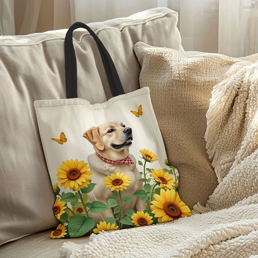1 Stylish Labrador & Sunflower Printed Polyester Tote Bag - Large Reusable Shopping Bag, Butterfly Design, Perfect for Travel