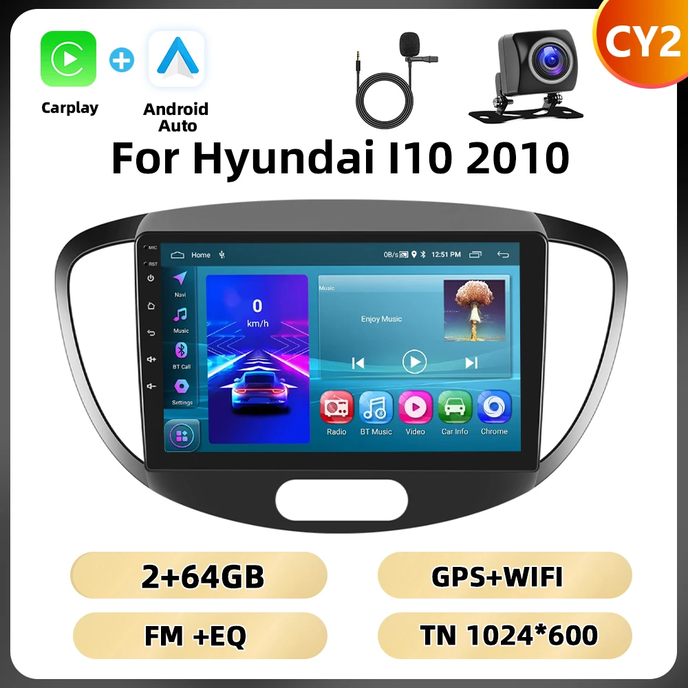 Podofo 8 + 128G 9 ''Autoradio Voor Hyundai I10 2010 Multimedia Speler Android Auto Carplay 8Core spiegel Link Bluetooth WIFI 4G RDS