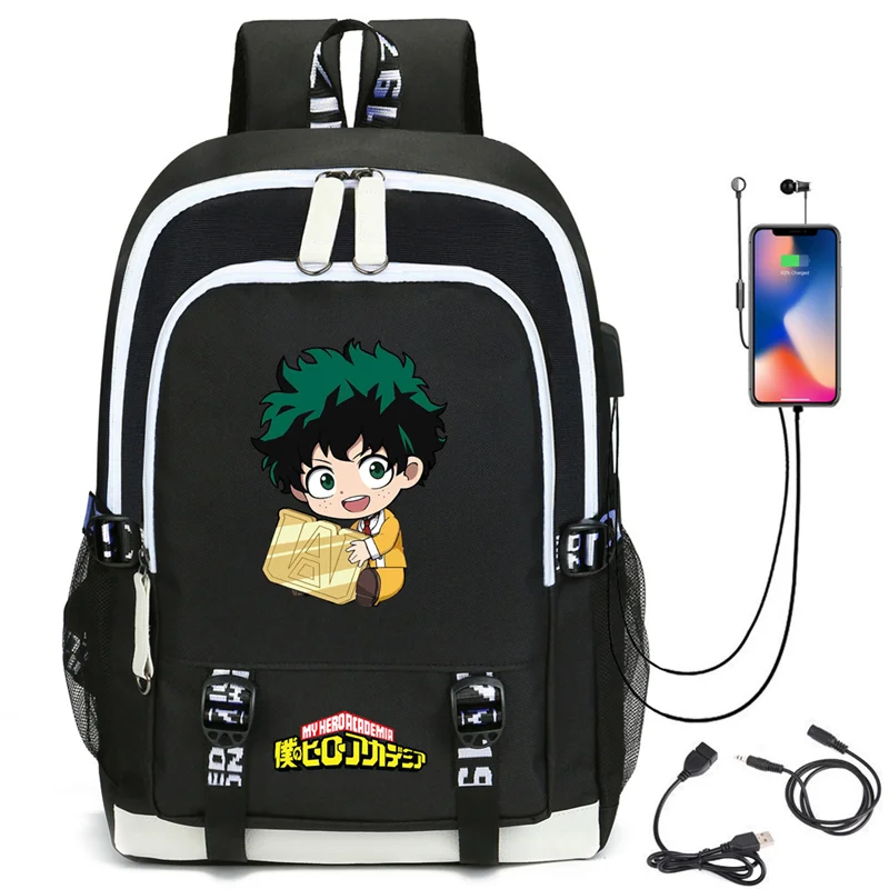 My Hero Academia Deku Backpack with USB Charging Port Cute MHA All Might Cosplay Bookbag for Boys Girls Gift School Mochila