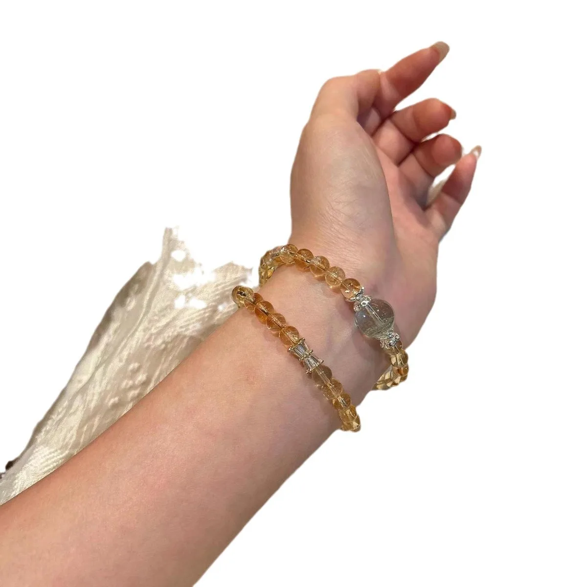 Chinese Style Lucky Wealth Attracting 6mm Natural Yellow Azeztulite 10mm Green Phantom Quartz Double Layer Bracelet For Women