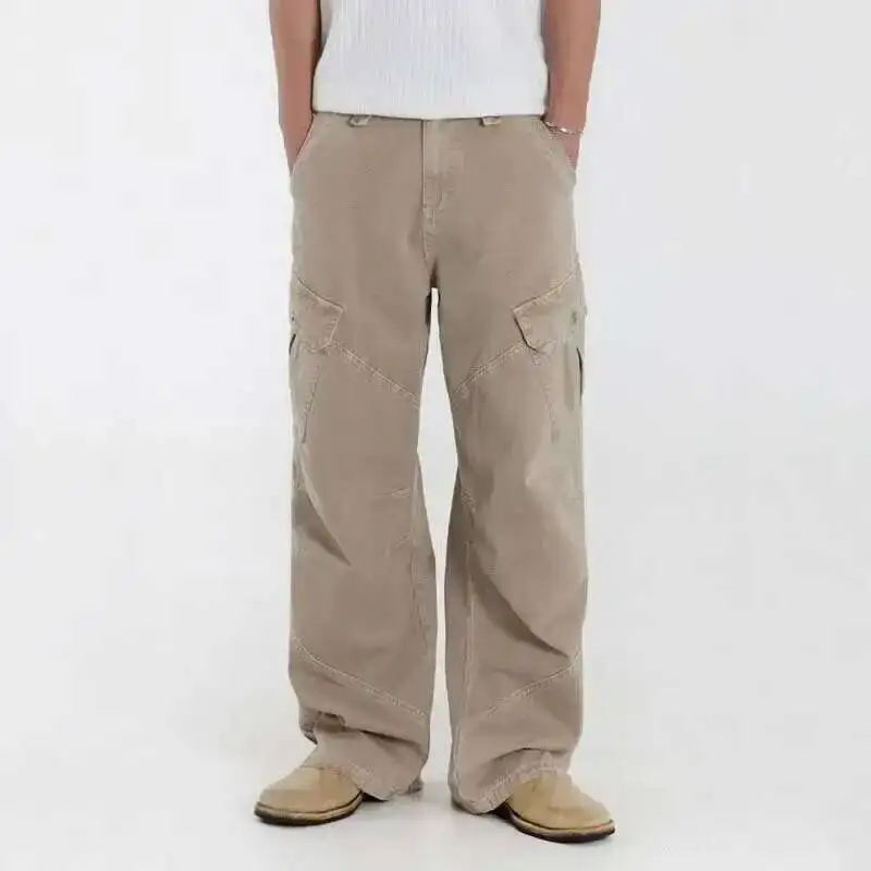 Men's Washed Jeans New Summer Loose Cargo Pants Korean Multi Pockets Trendy Niche Straight Leg Male Simple Bottoms 9WPELX