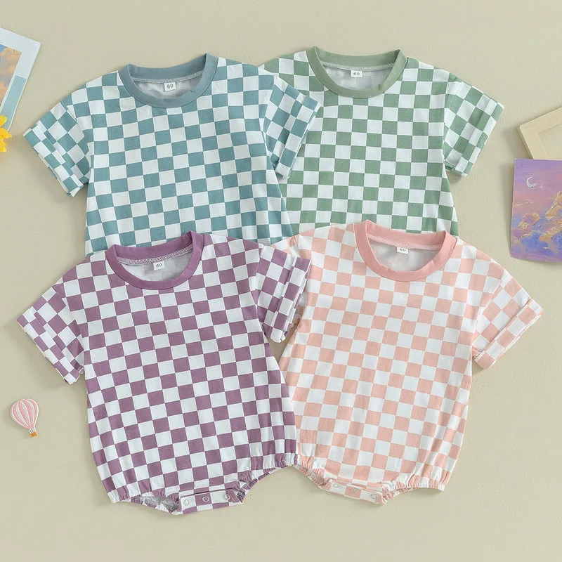 Newborn Baby Girl Boy Bodysuit Summer Clothes Checkerboard Round Neck Short Sleeve Jumpsuit for Kids Baby Clothing