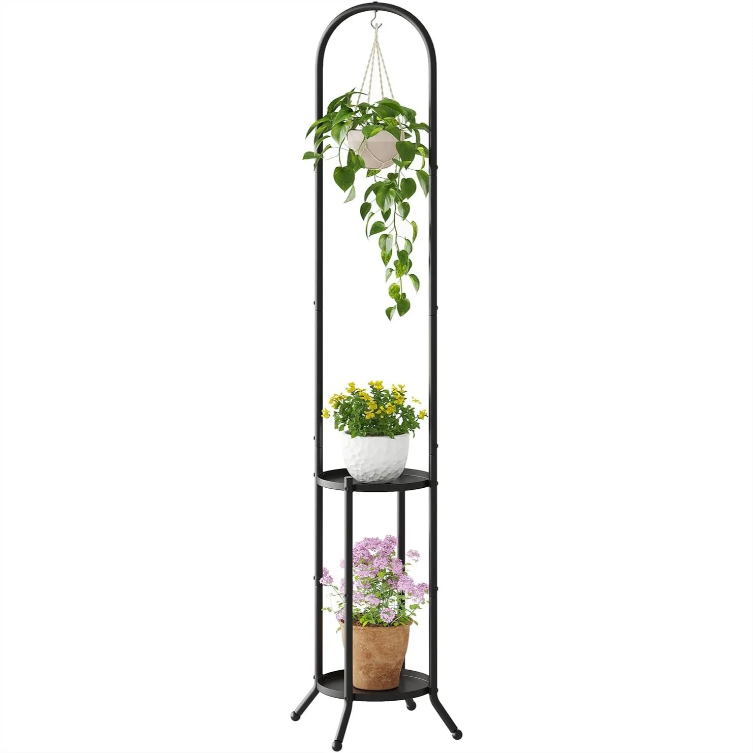

Metal Plant Stand 2-Tier with Hanging Hook, Sturdy Steel Shelf for Indoor Outdoor Plants Display Rack Black