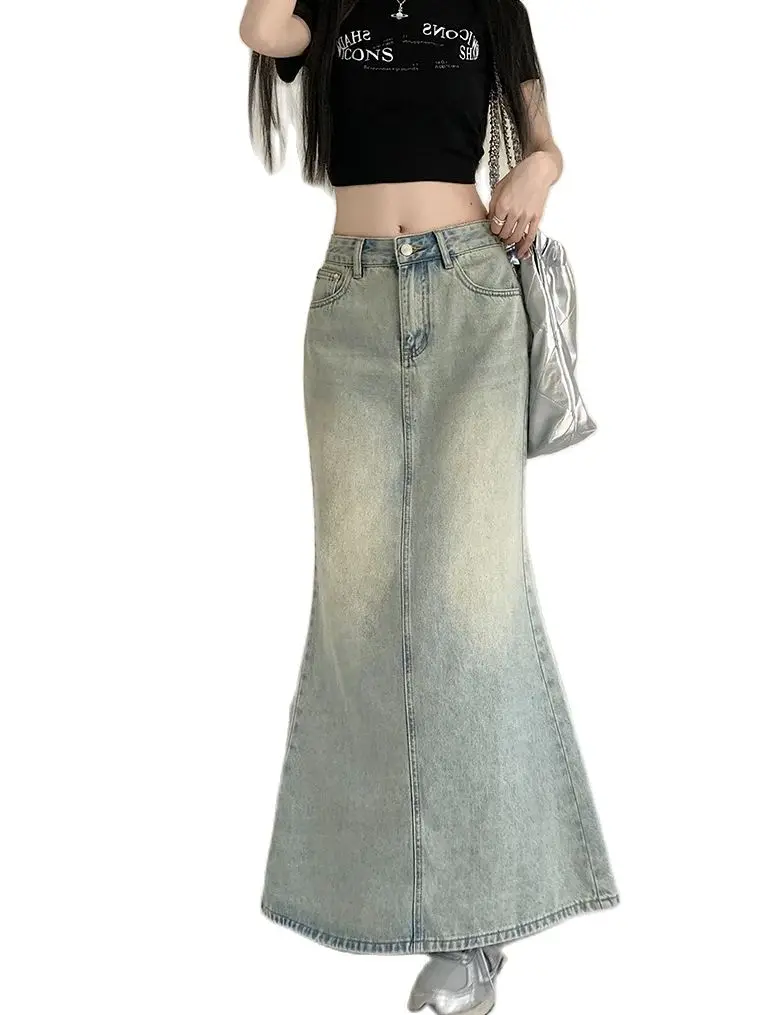 

2024 Washed Denim Fishtail Skirt for Spicy Girls High Waist Retro Wrapped Hip Skirt Y2k Elegant A-Line Skirt trend Jean Skirts