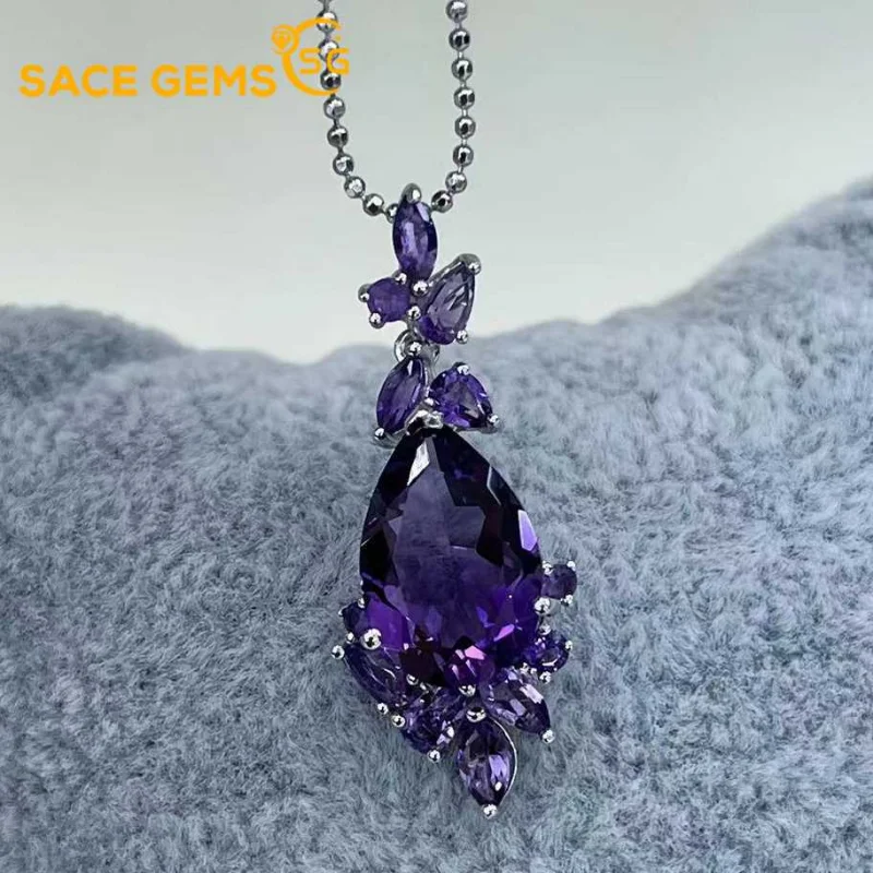 

SACE GEMS S925 Sterling Silver 10*15MM Natual Amethyst Pendant Necklaces for Womne Engagement Cocktail Party Fine Jewelry