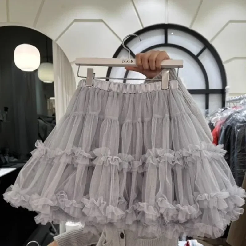 

Fashion Sweet Mesh Gray Cake Skirt For Women 2025 New Elastic Waist Skirts Spring Autumn New All-match Faldas De Mujer