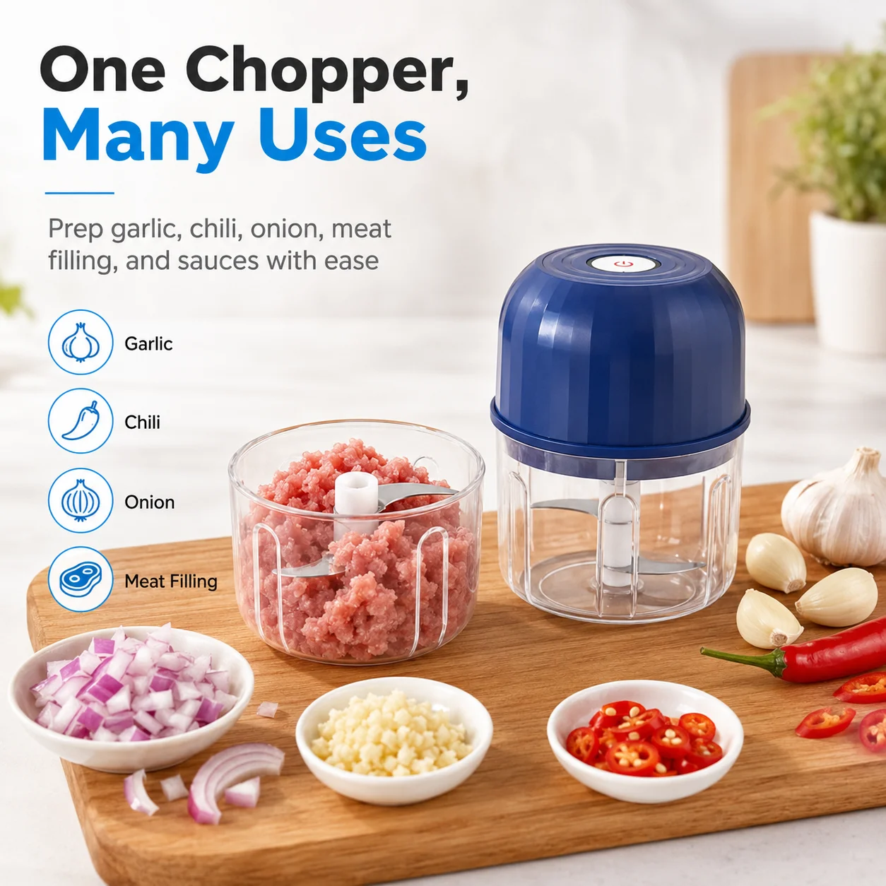 1PC Electric Garlic Chopper Rechargeable Mini Food Processor Portable Vegetable Cutter For Onion Chili Ginger Kitchen Cooking