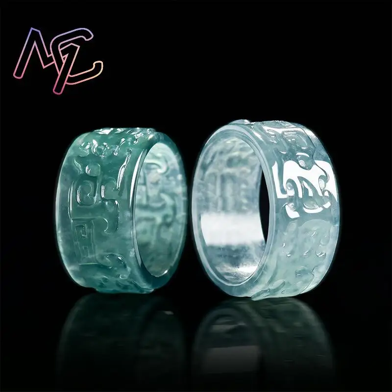 Myanmar Jadeite Taotie Ring Fashion Accessories Gemstone Emerald Real Burmese Jade Natural Jewelry Talismans Carved Stone