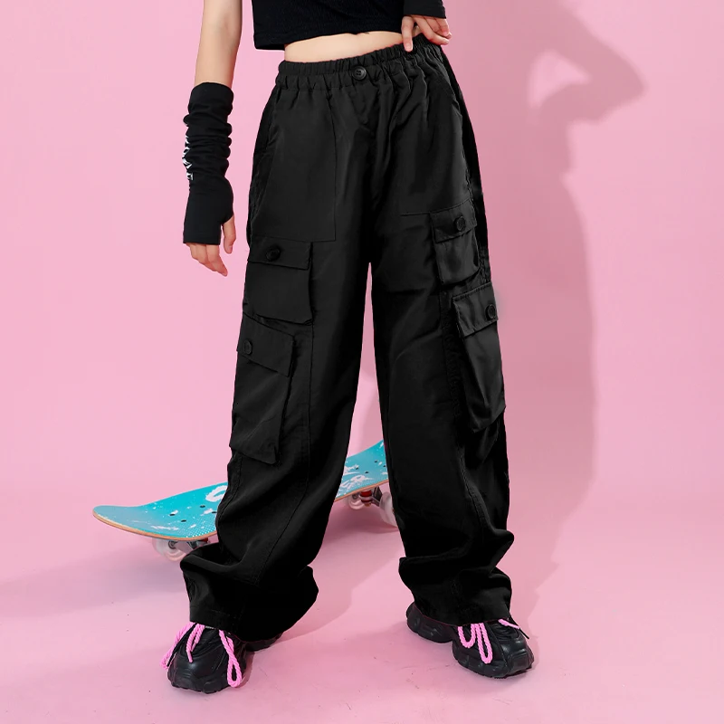 

Black Cargo Pants for Teenage Girls New Summer Streetwear Hip Hop Straight Trousers with Multi-Pocket for Kids 6 8 10 12 14 Year