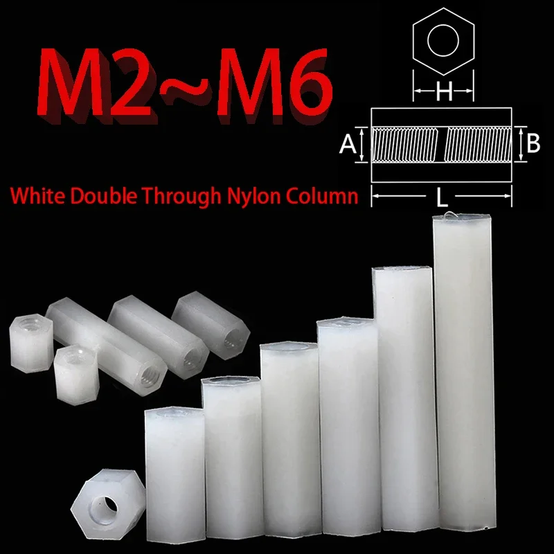 White Nylon Double Pass Hexagonal Isolation Post Plastic Insulation Support Post Pc Board Spacing Stud M2 M2.5 M3 M4 M5 M6