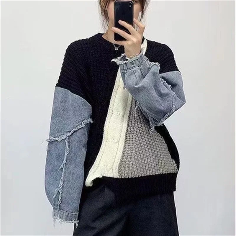 Long Pullover Torn Denim Jacket Ladies Sweaters Knitted Top for Women Mesh Clothes Aesthetic Jersey Korean Luxury 90s Vintage