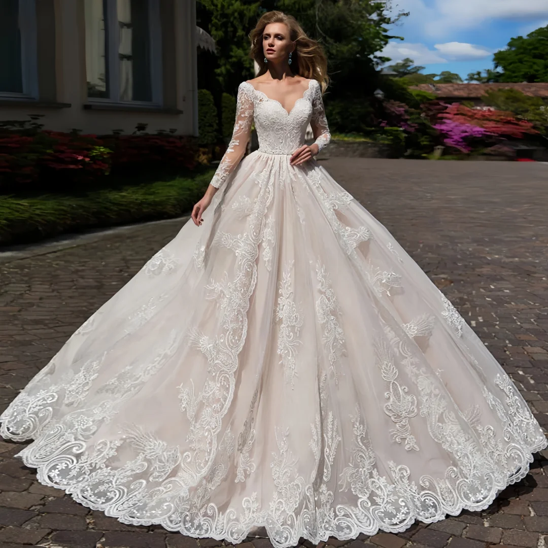 Customized Exquisite Wedding Party Dress Embroidered Lace On Net With Ball Gown Train O-neck Nude Full Sleeve Bride Gowns Button