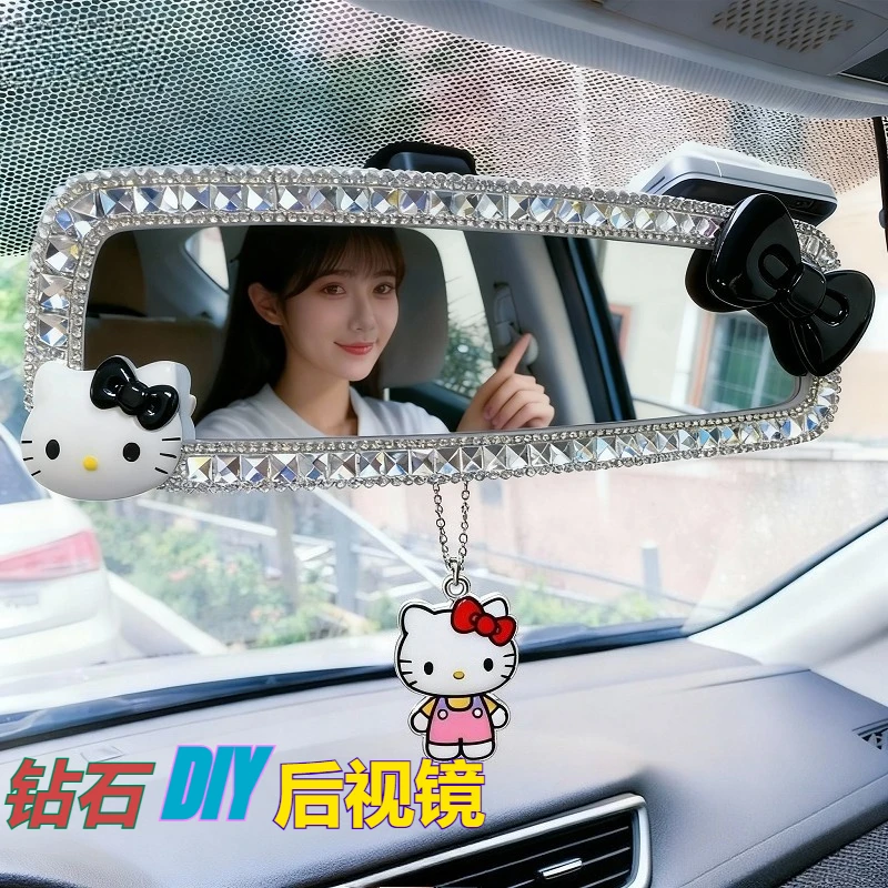 Car Rearview Mirror Hello Kitty DIY Fashion Handmade Diamond Interior Mirror Trend Decorative Atmosphere Girls’ Favorite Gift