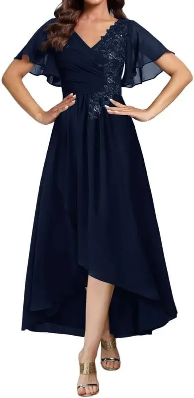 

Mother of The Bride Dresses for Wedding HighLow Evening Formal Dress Lace Wedding Guest Groom Dresses V Neck Short Sleeve