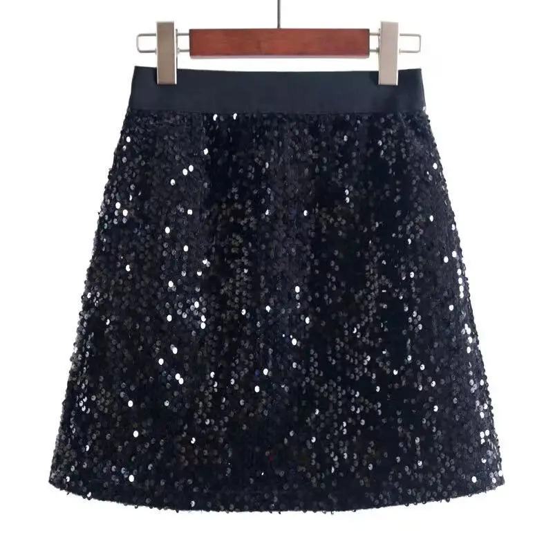 Summer Korean All-match Sequined Spliced A-Line Skirt Women's Clothing Fashion Elastic High Waist Temperament Skirts for Female