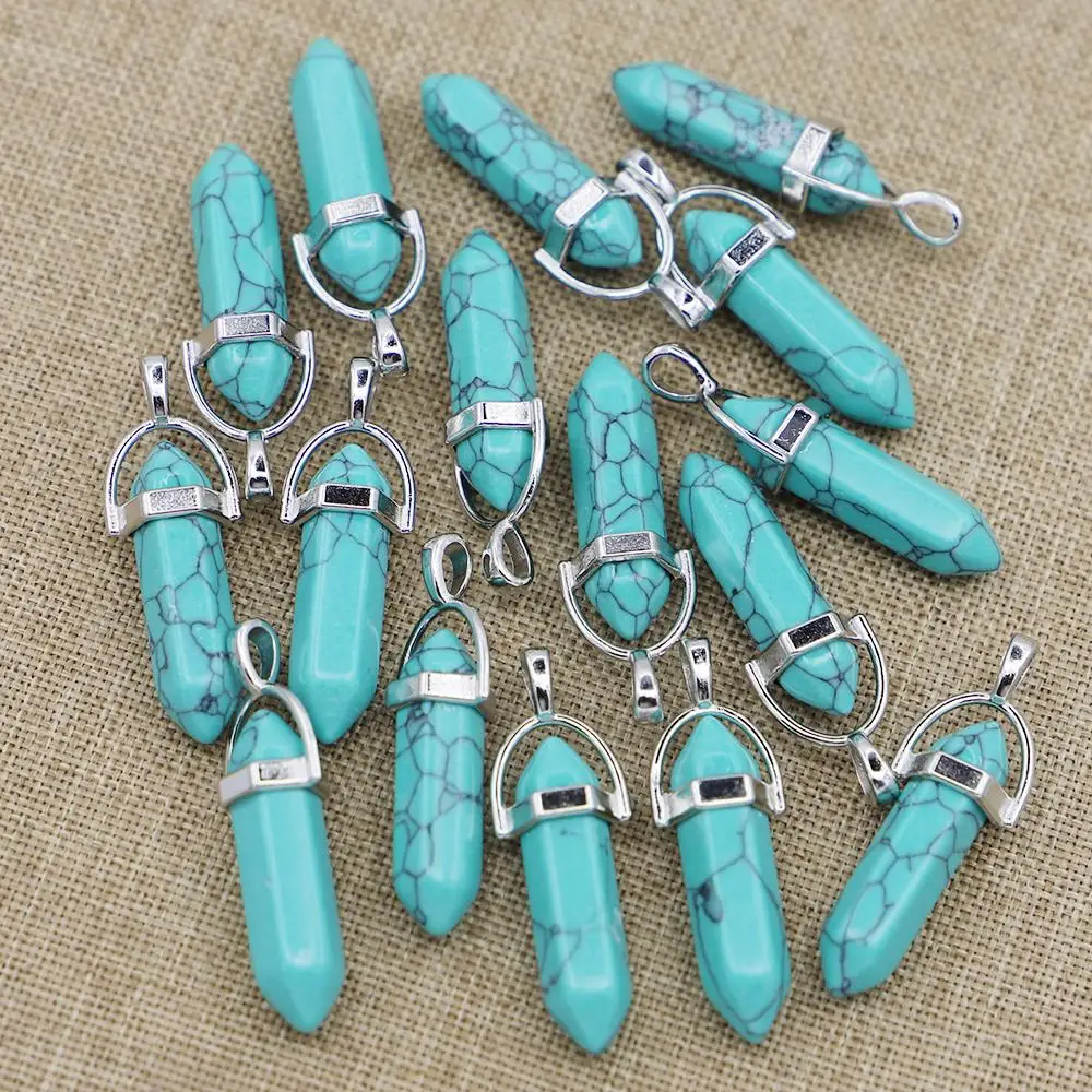 Free Shipping Natural Turquoise Hexagon Prismatic Pendant Bohemian Wind Bullet Crystal British Necklace Jewelry Wholesale 30Pcs