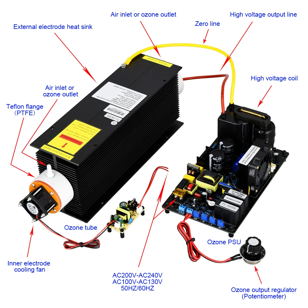 CE FCC ROHS 40G/H 40grams adjustable Quartz tube high frequency high voltage discharge ozone air water Narrow gap ozone tube