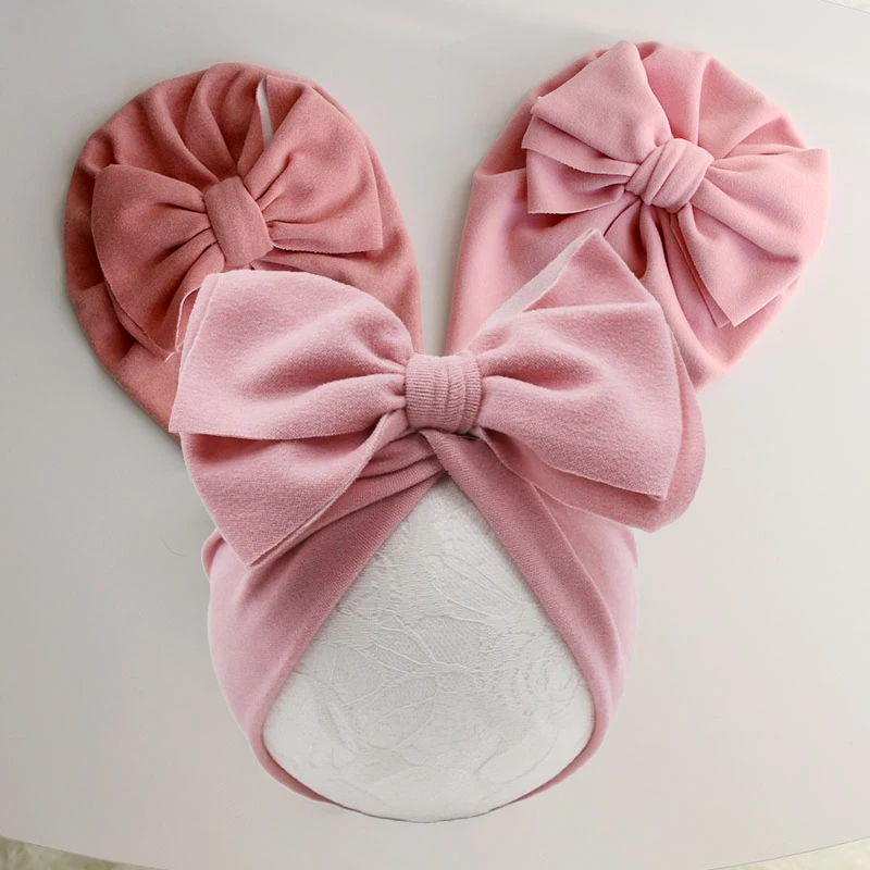 Cute Big Bow Baby Hat Solid Color Newborn Infant Indian Hat Soft Cotton Girls Turban Cap Beanie Head Wrap Kids Bonnet